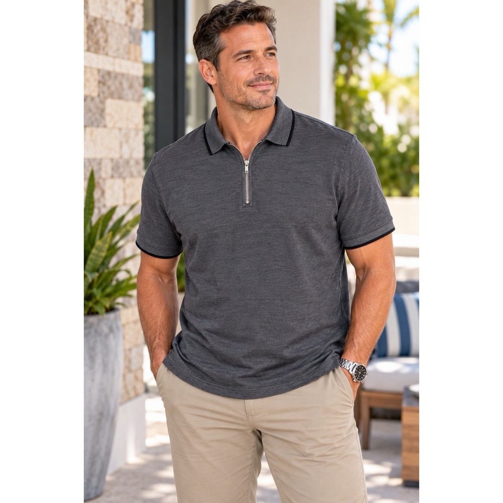 Denim & Flower Ricky Singh Men's Large Gray Textured Quarter Zip Polo Shirt
